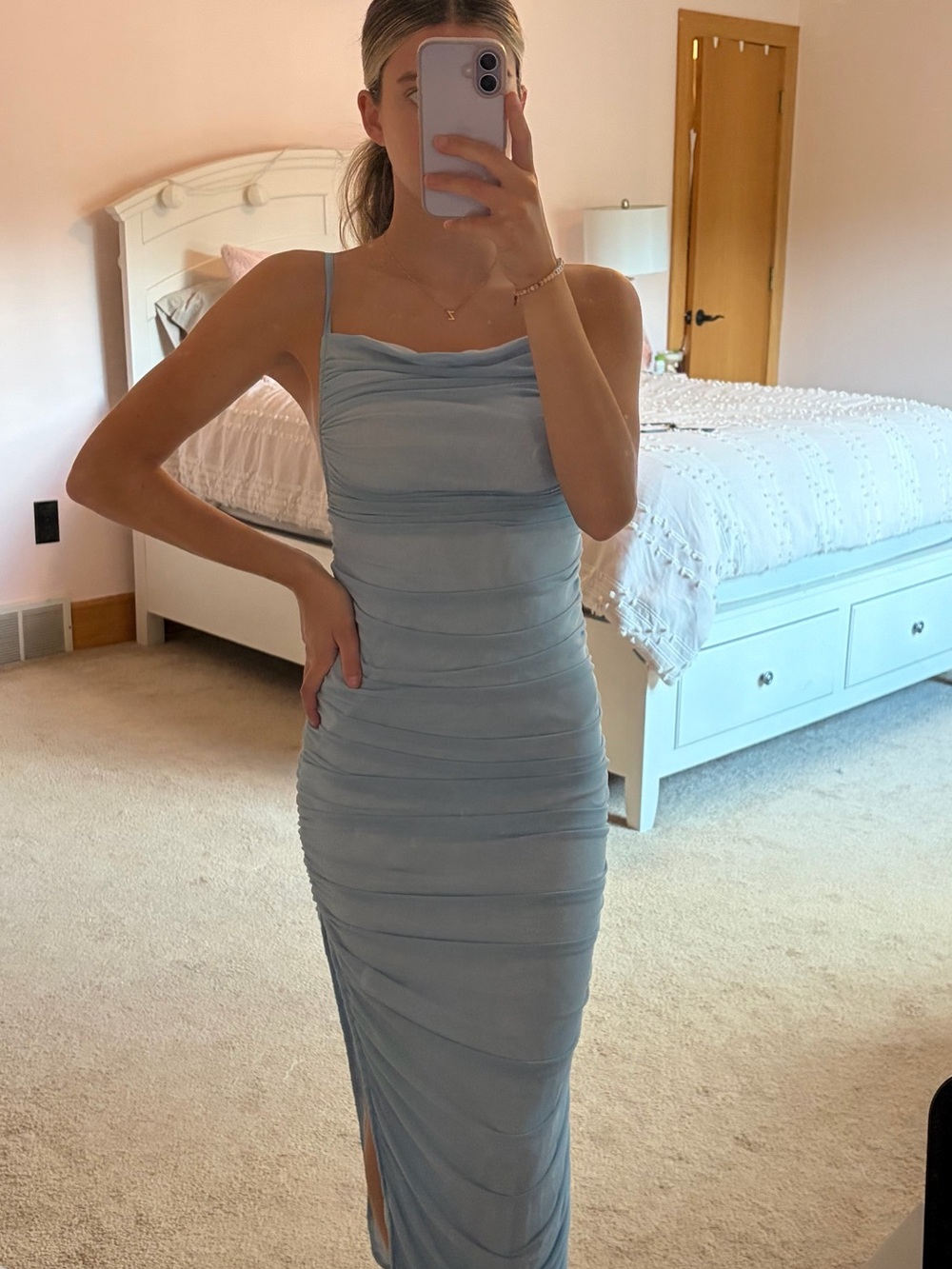 Fashion Nova Light Blue Ruched Maxi Dress with Cowl Neck